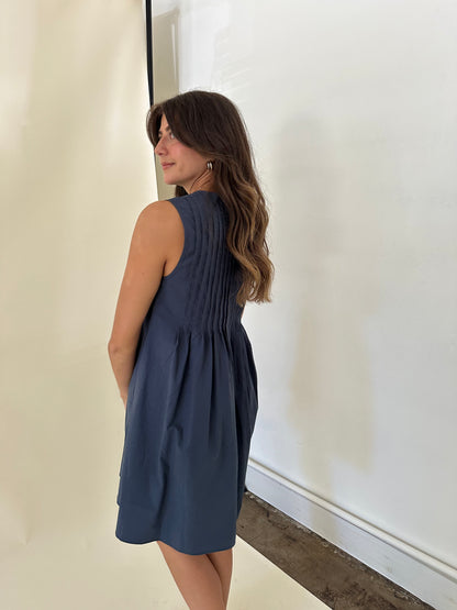 Charlotte Pintuck Poplin Cotton Mini Dress (Navy)