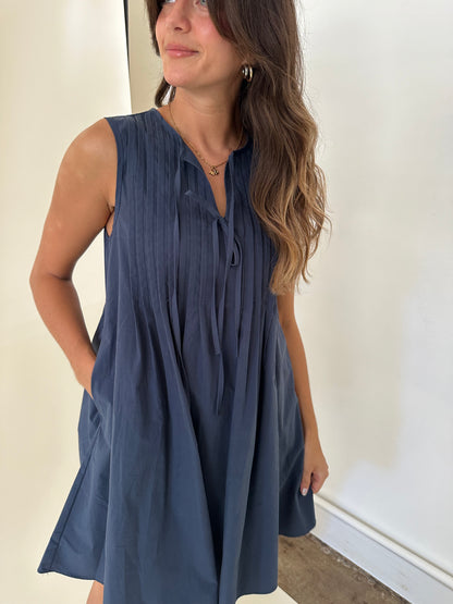 Charlotte Pintuck Poplin Cotton Mini Dress (Navy)