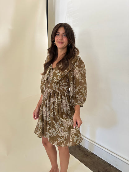 Sofie the Label Demi Sage Floral Ruffle Collar Mini Dress