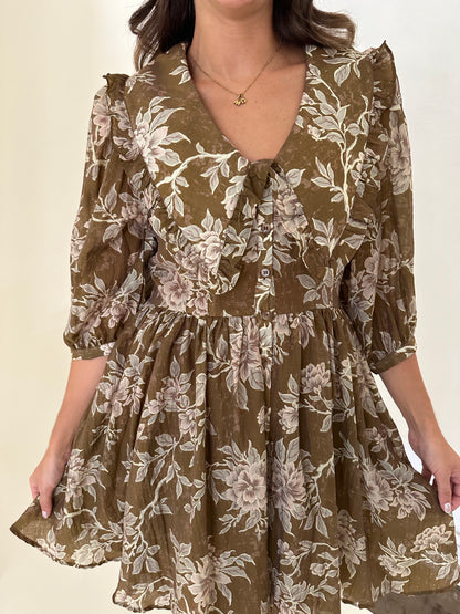Sofie the Label Demi Sage Floral Ruffle Collar Mini Dress