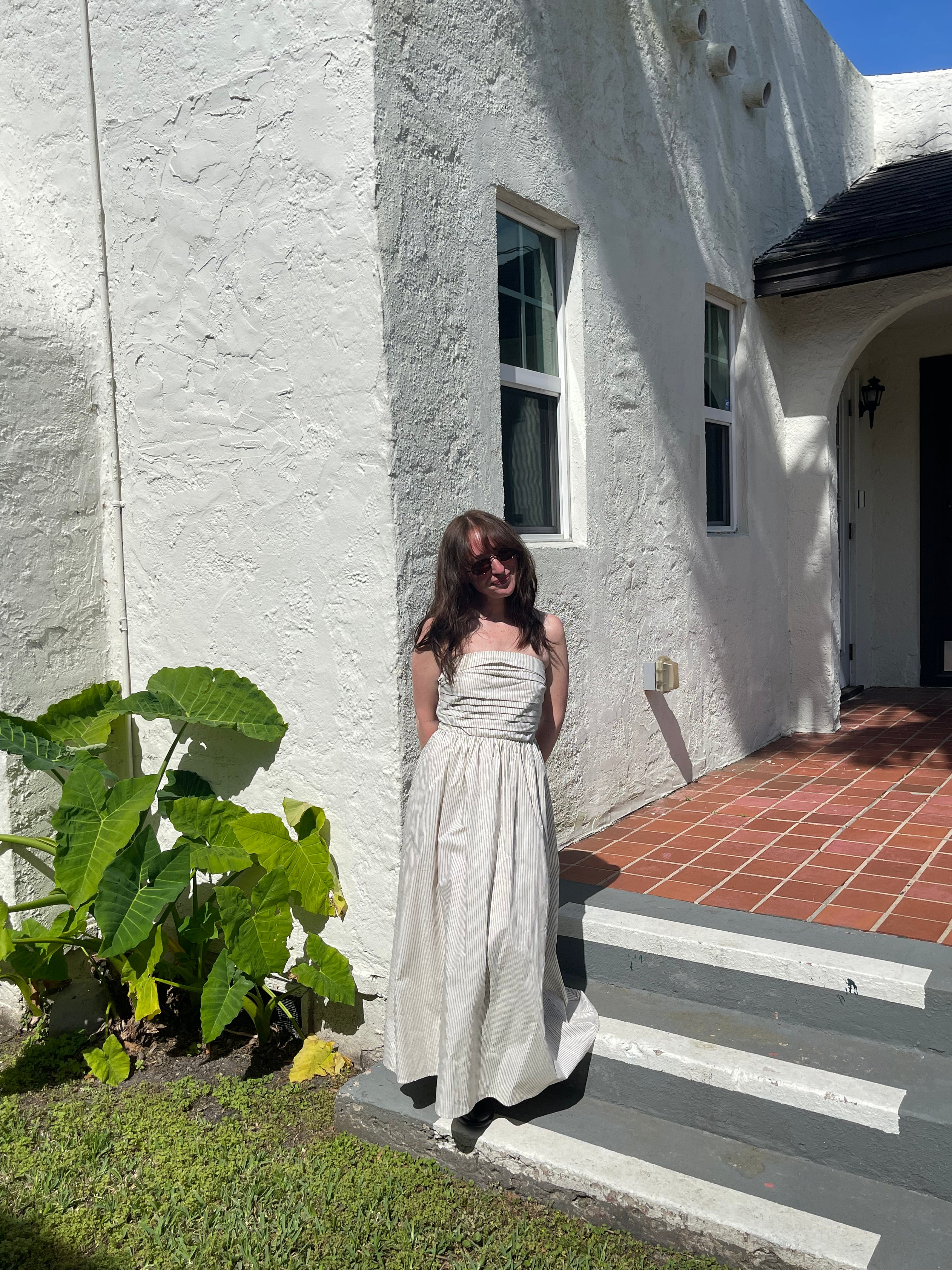 Needii Ophelia Ruched Strapless Midi Dress (Cream Stripe)