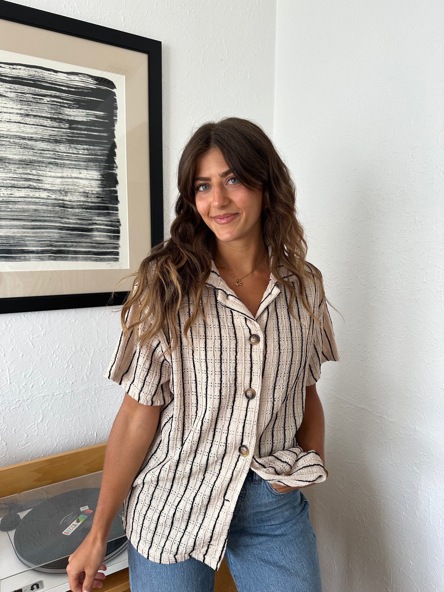 Bailey Rose Emma Black Striped Button Collar Top