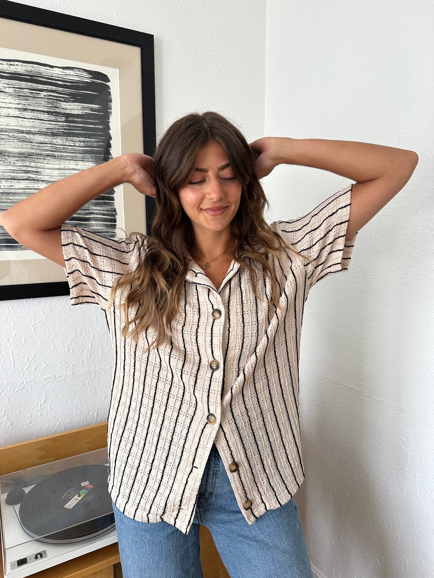 Bailey Rose Emma Black Striped Button Collar Top