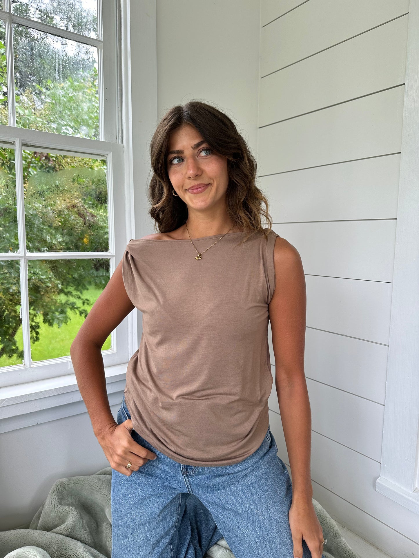 Ella Twist Shoulder Soft Knit Tank Top (Brown)