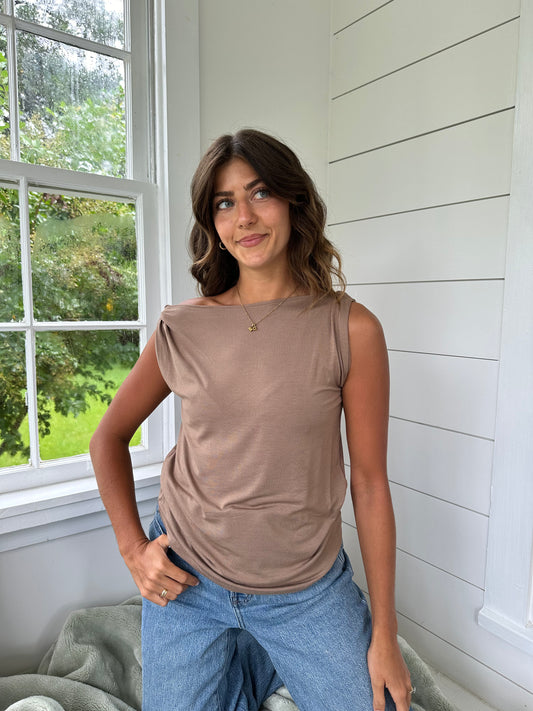 Ella Twist Shoulder Soft Knit Tank Top (Brown)