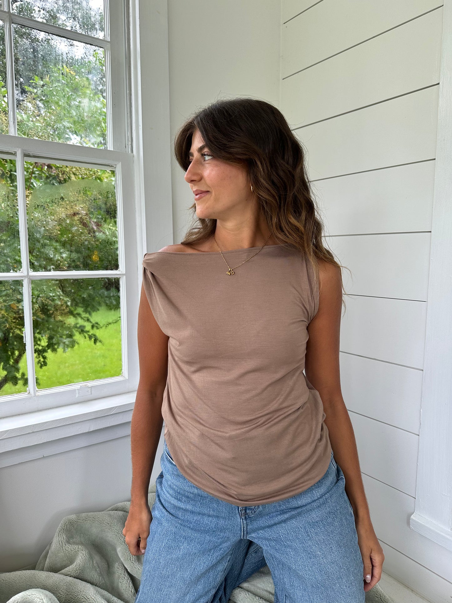 Ella Twist Shoulder Soft Knit Tank Top (Brown)