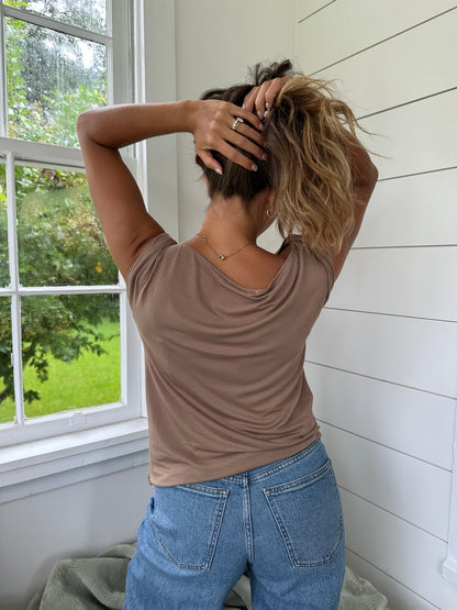 Ella Twist Shoulder Soft Knit Tank Top (Brown)