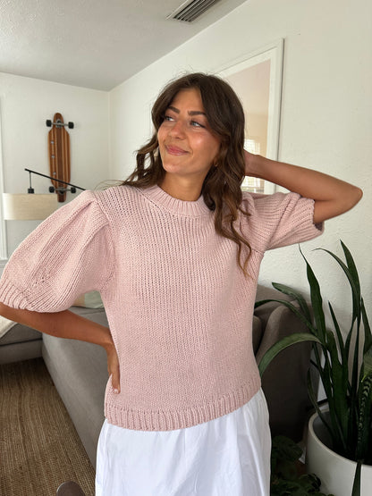 Everly Woven Knit Puff Sleeve Top (Pink) L