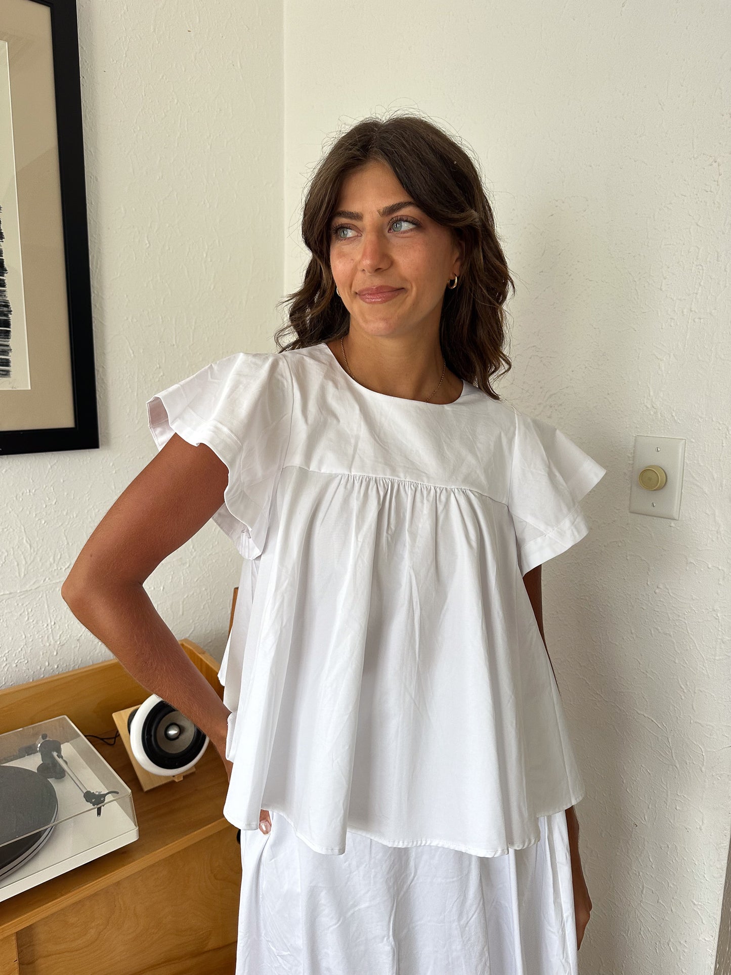 Estella White Poplin Babydoll Short Sleeve Top