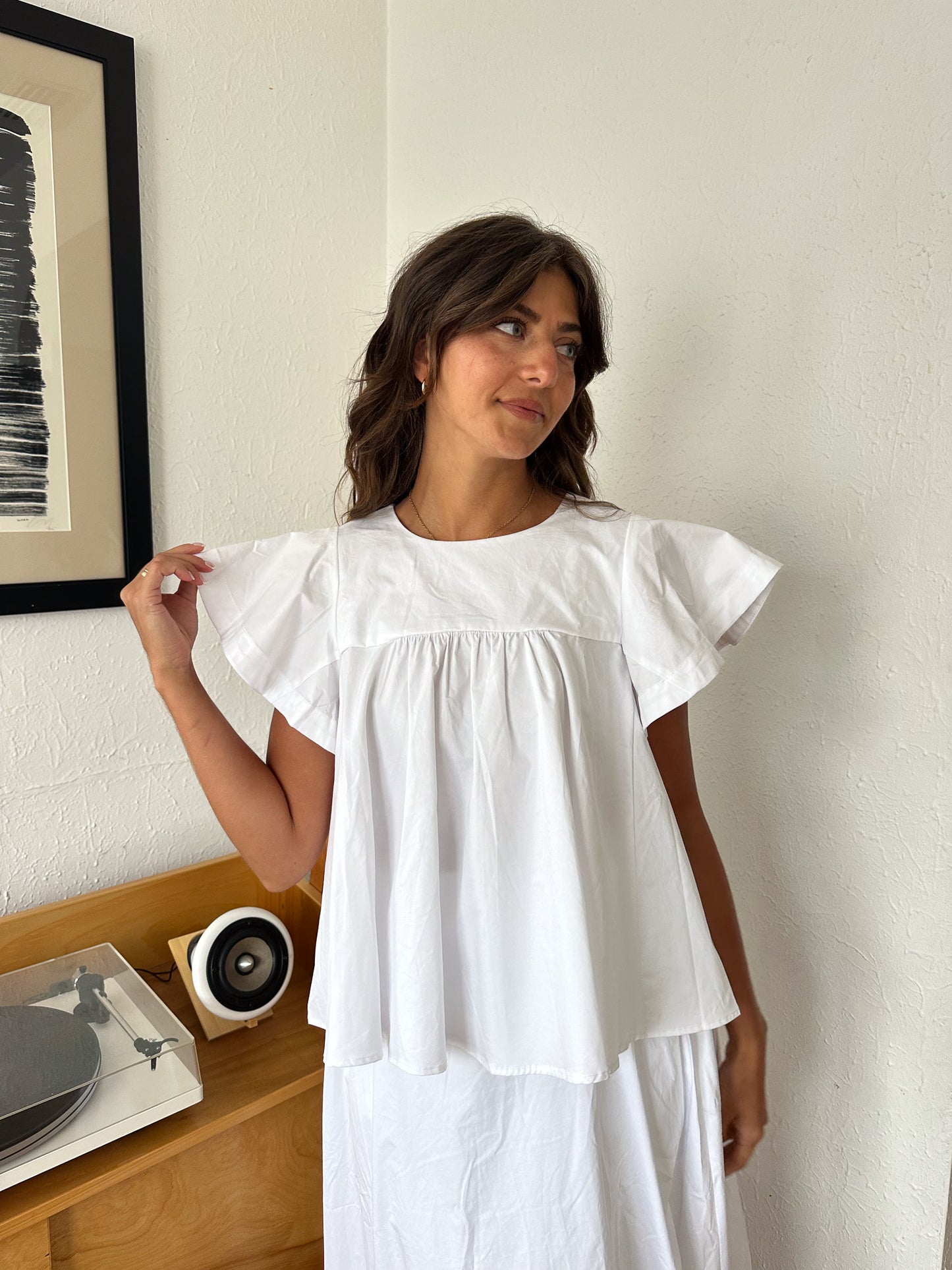 Estella White Poplin Babydoll Short Sleeve Top