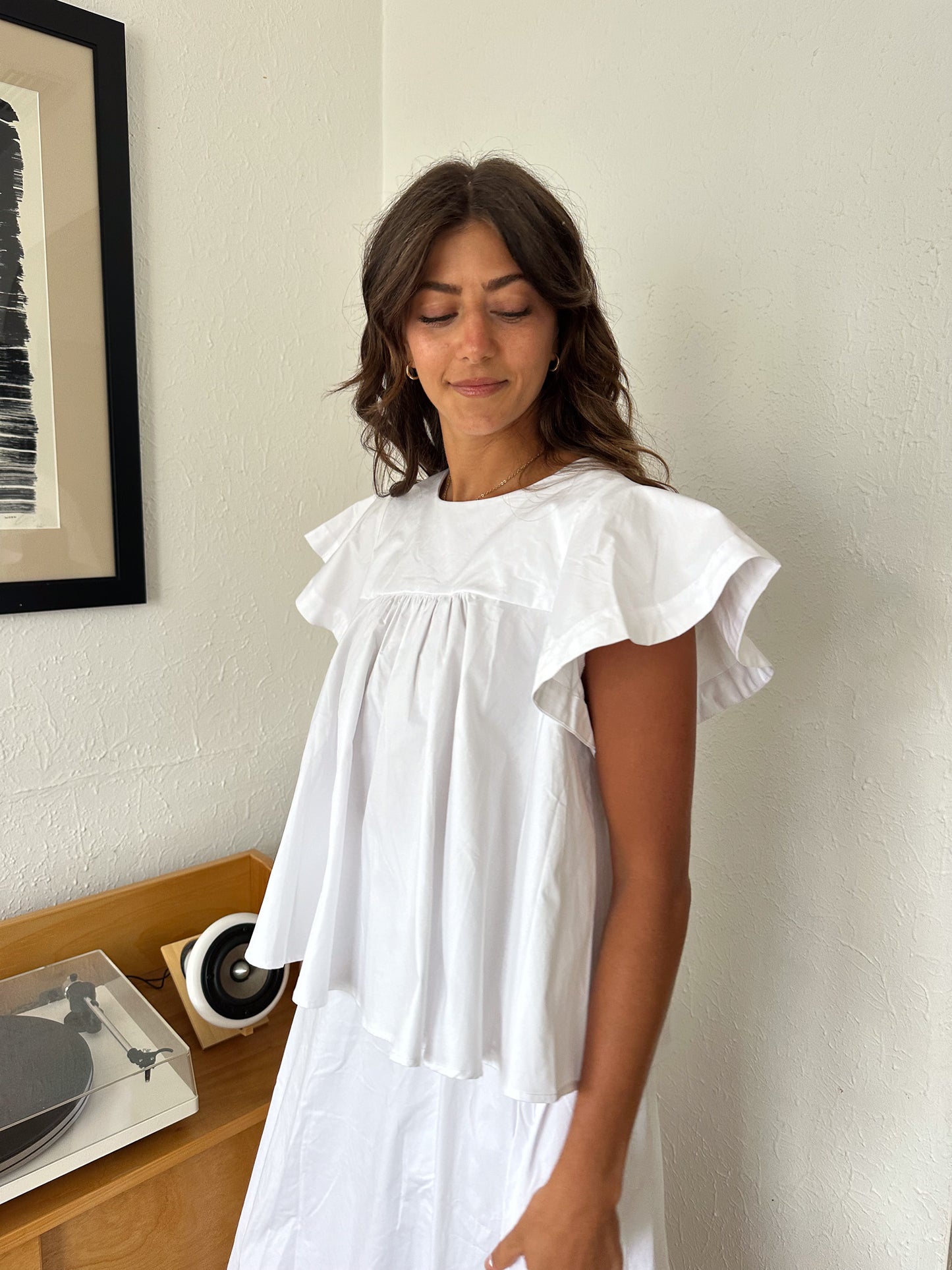 Estella White Poplin Babydoll Short Sleeve Top