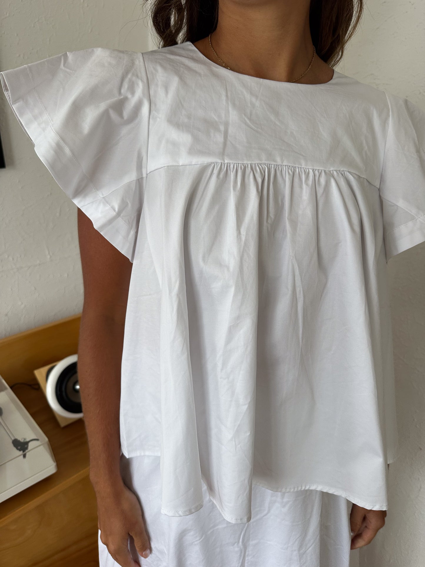 Estella White Poplin Babydoll Short Sleeve Top