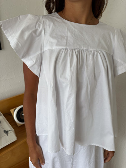 Estella White Poplin Babydoll Short Sleeve Top
