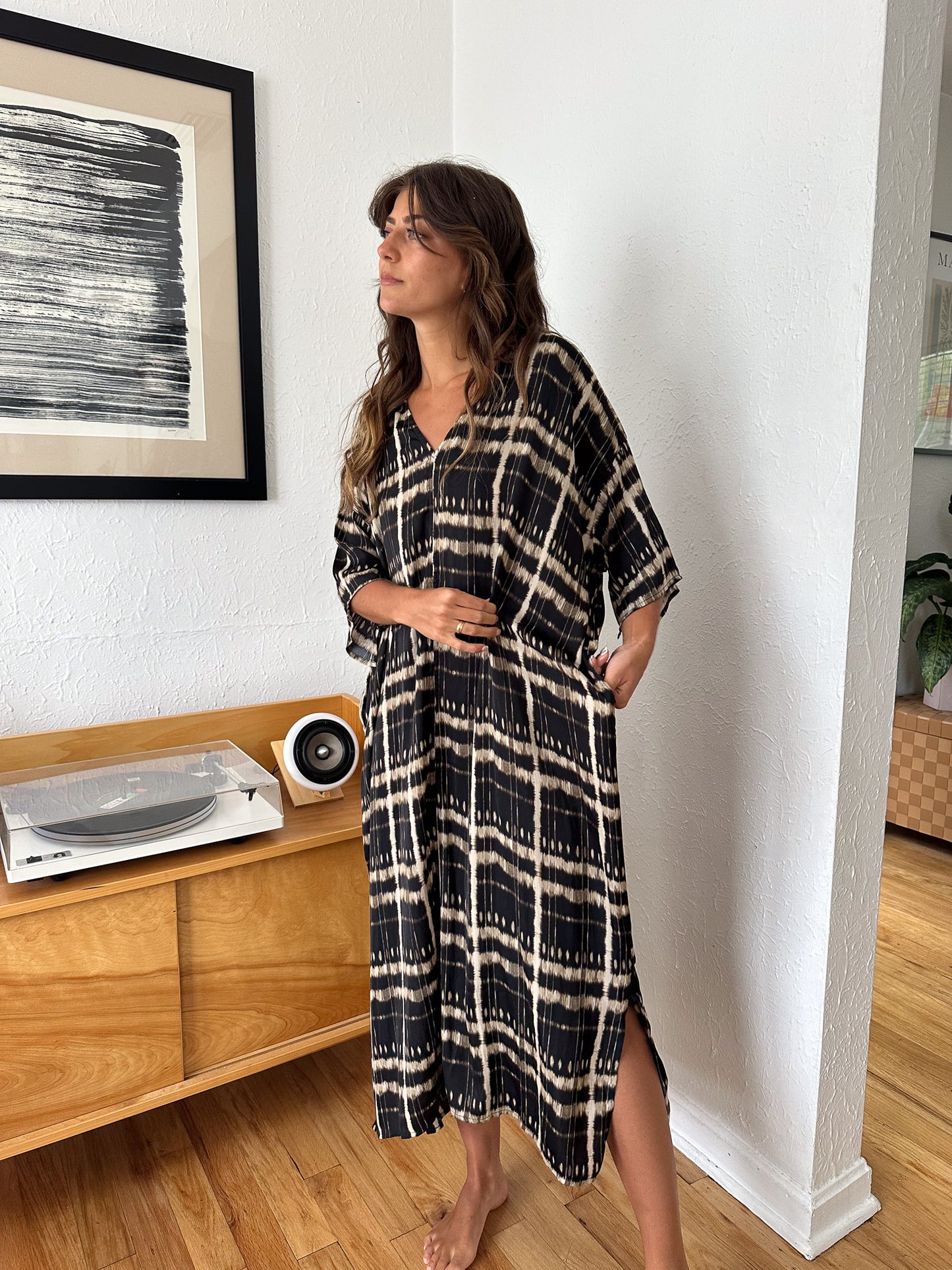 Eliana Black Abstract Print Satin Midi Dress