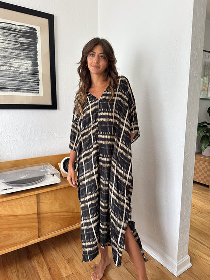 Eliana Black Abstract Print Satin Midi Dress