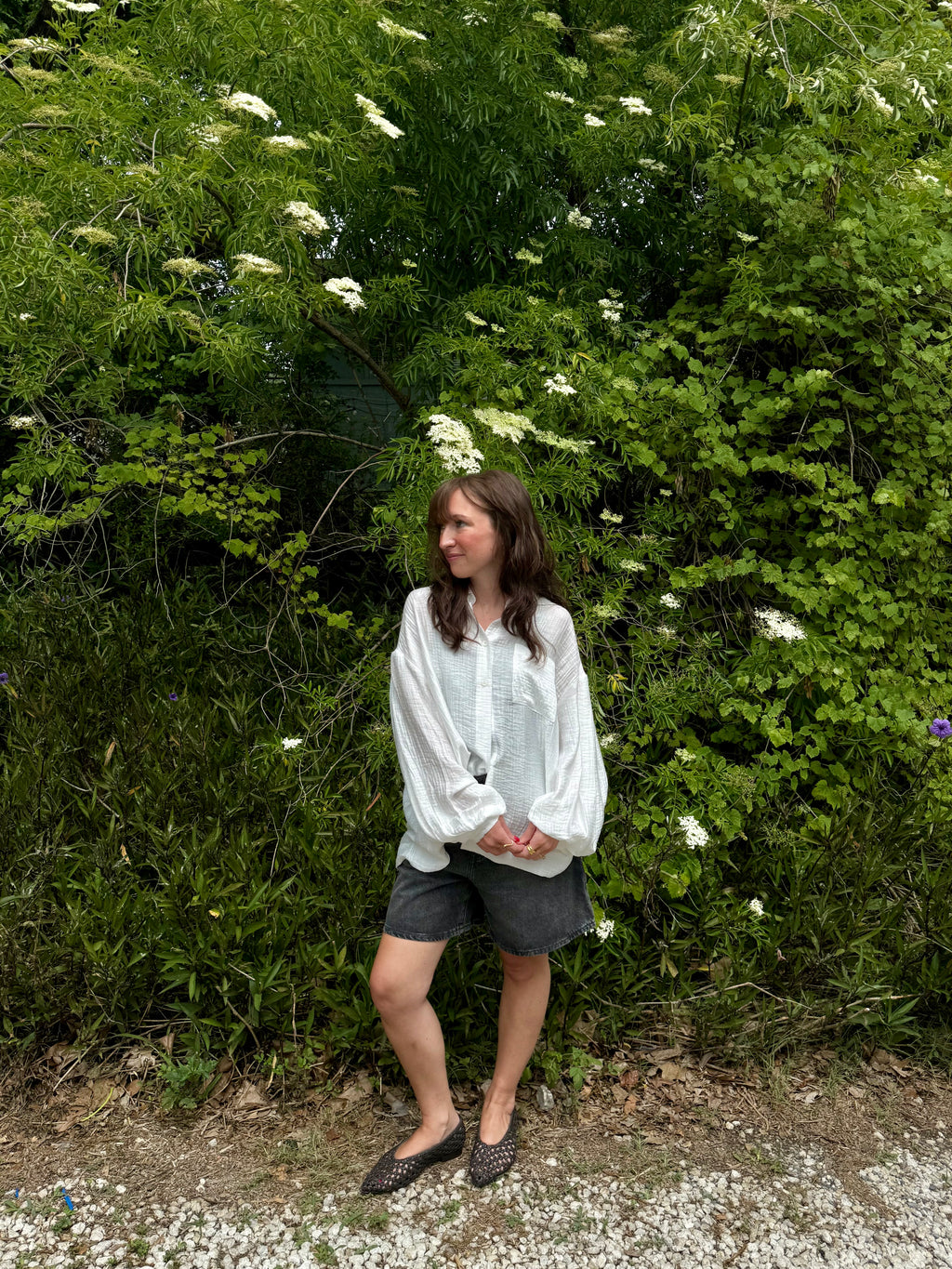 FRNCH Charlotte White Crinkle Buttoned Long Sleeve Top