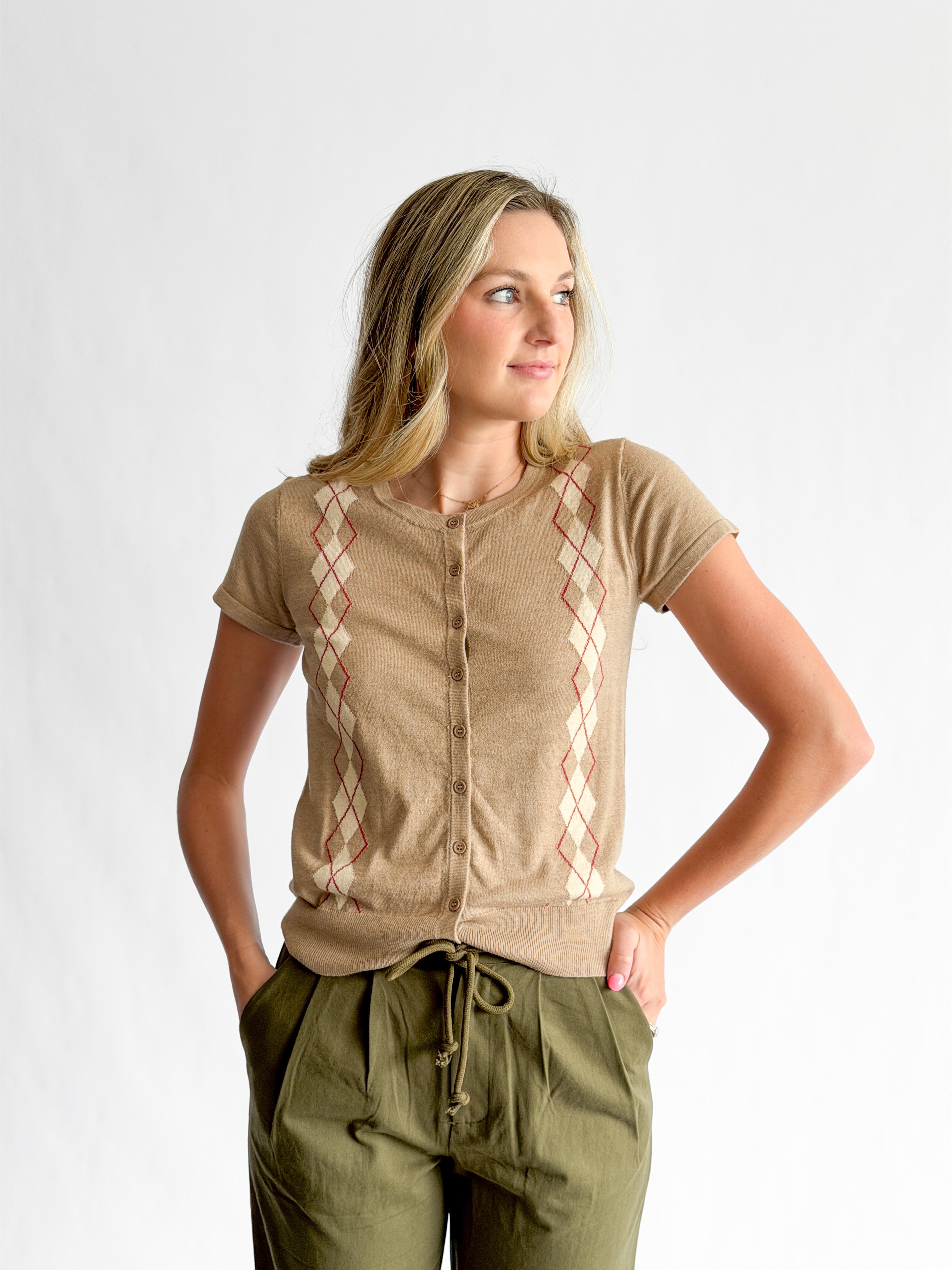 Alex Beige Plaid Pattern Buttoned Cardigan Top