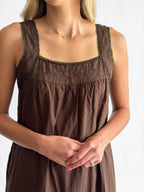 Amora Brown Embroidered Lace Trim Tiered Maxi Dress