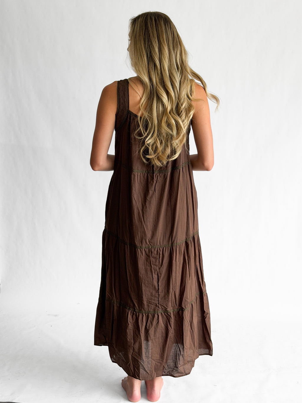 Amora Brown Embroidered Lace Trim Tiered Maxi Dress
