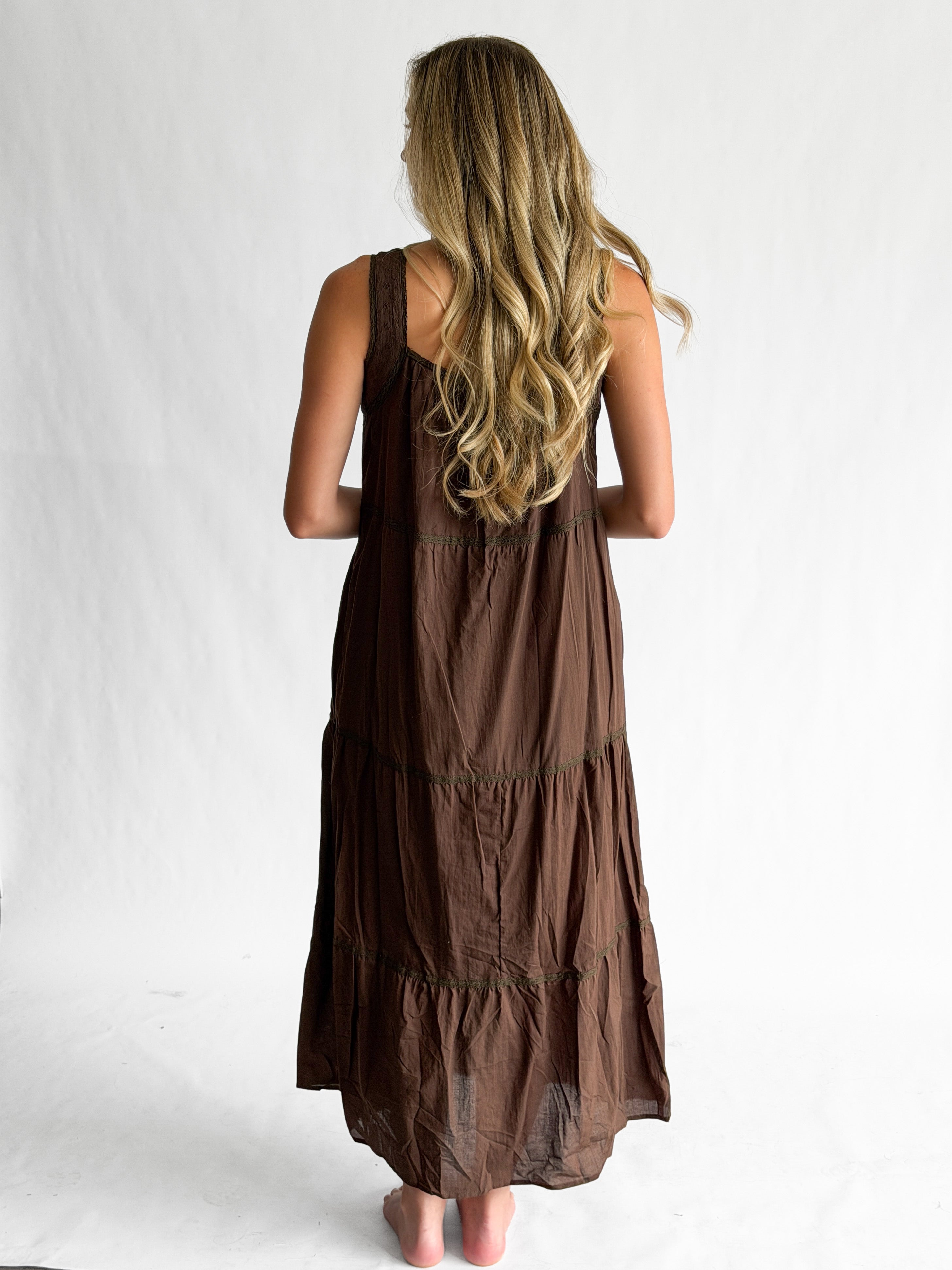 Amora Brown Embroidered Lace Trim Tiered Maxi Dress