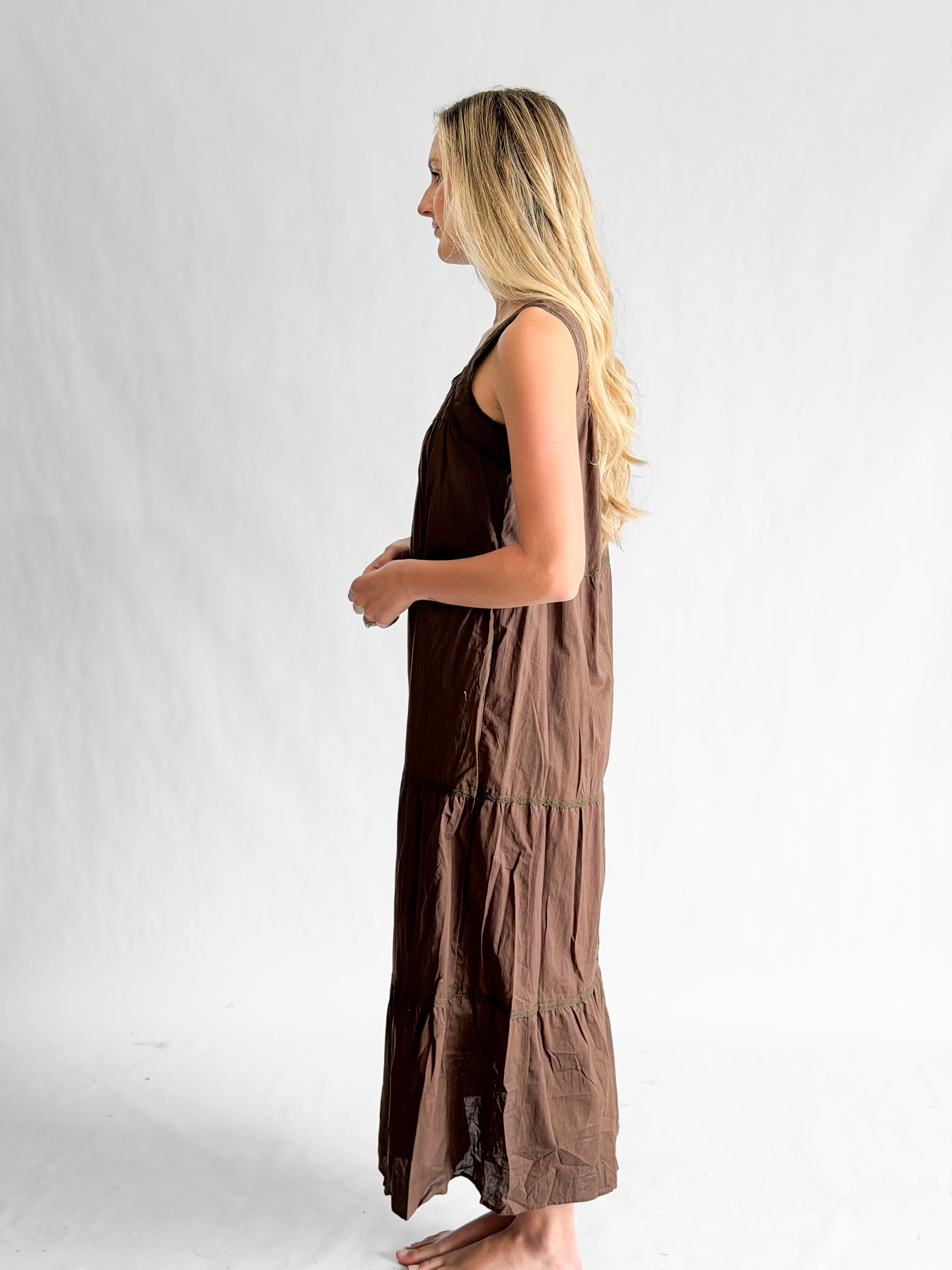 Amora Brown Embroidered Lace Trim Tiered Maxi Dress