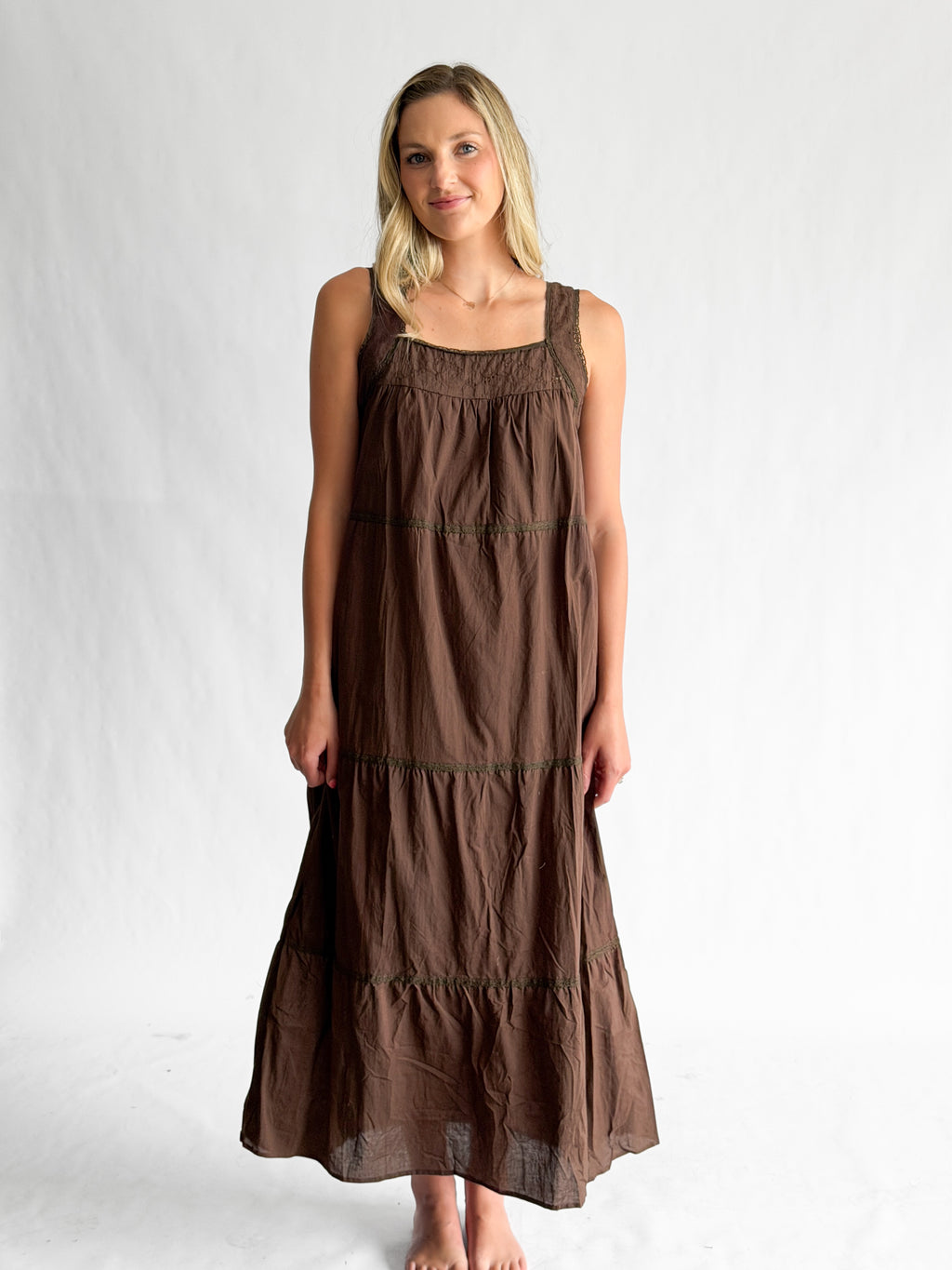 Amora Brown Embroidered Lace Trim Tiered Maxi Dress
