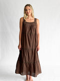 Amora Brown Embroidered Lace Trim Tiered Maxi Dress