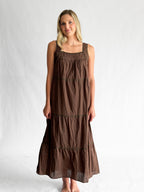 Amora Brown Embroidered Lace Trim Tiered Maxi Dress