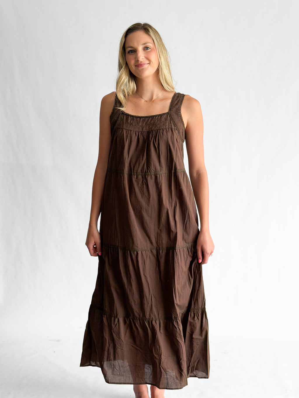 Amora Brown Embroidered Lace Trim Tiered Maxi Dress