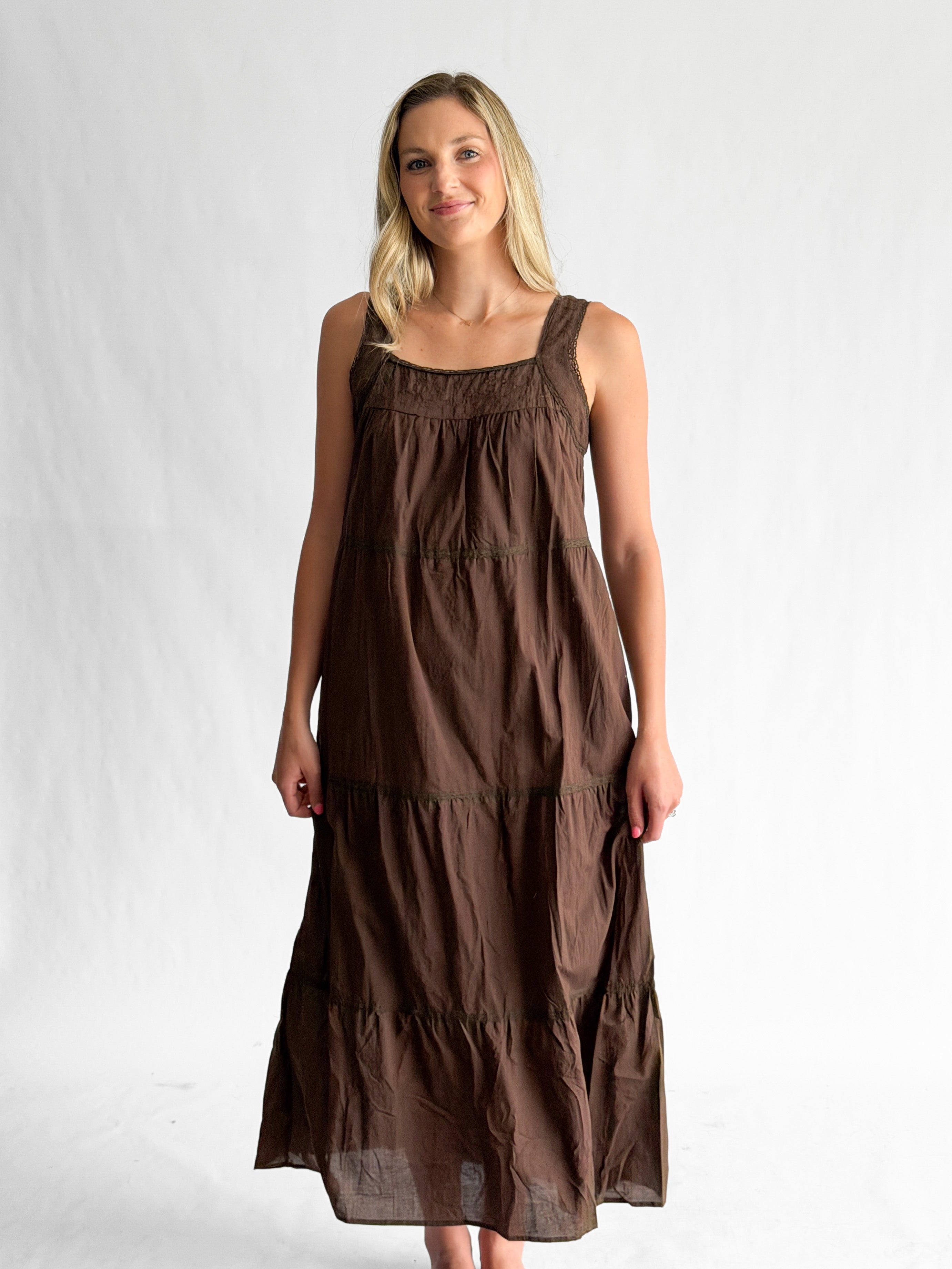 Amora Brown Embroidered Lace Trim Tiered Maxi Dress