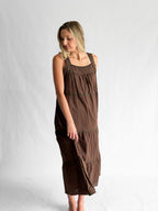 Amora Brown Embroidered Lace Trim Tiered Maxi Dress