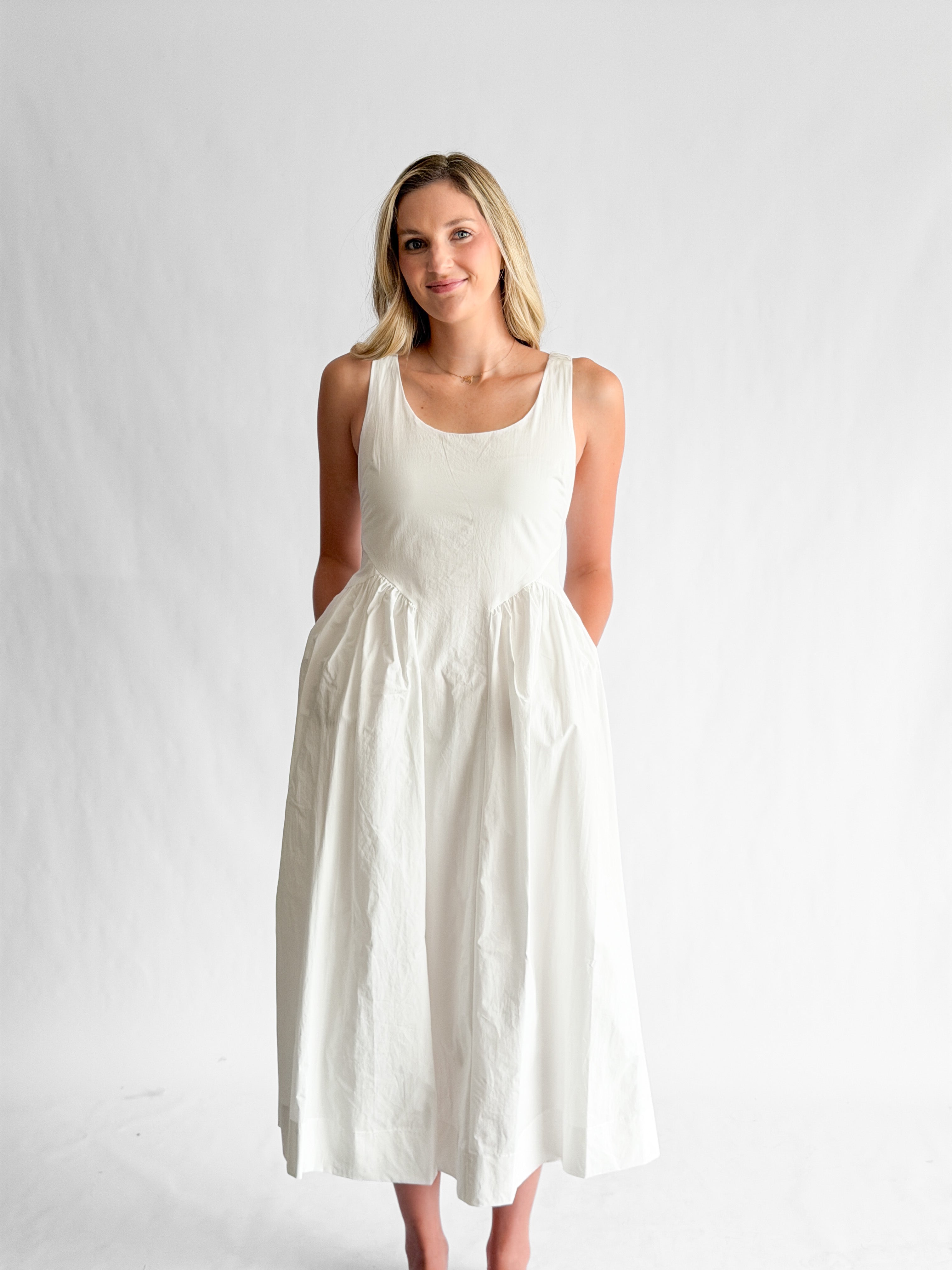 PINCH Ariel White Cotton Poplin Sleeveless Midi Dress
