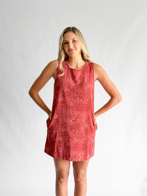 Aurora Red Washed Bandana Print Sleeveless Mini Dress
