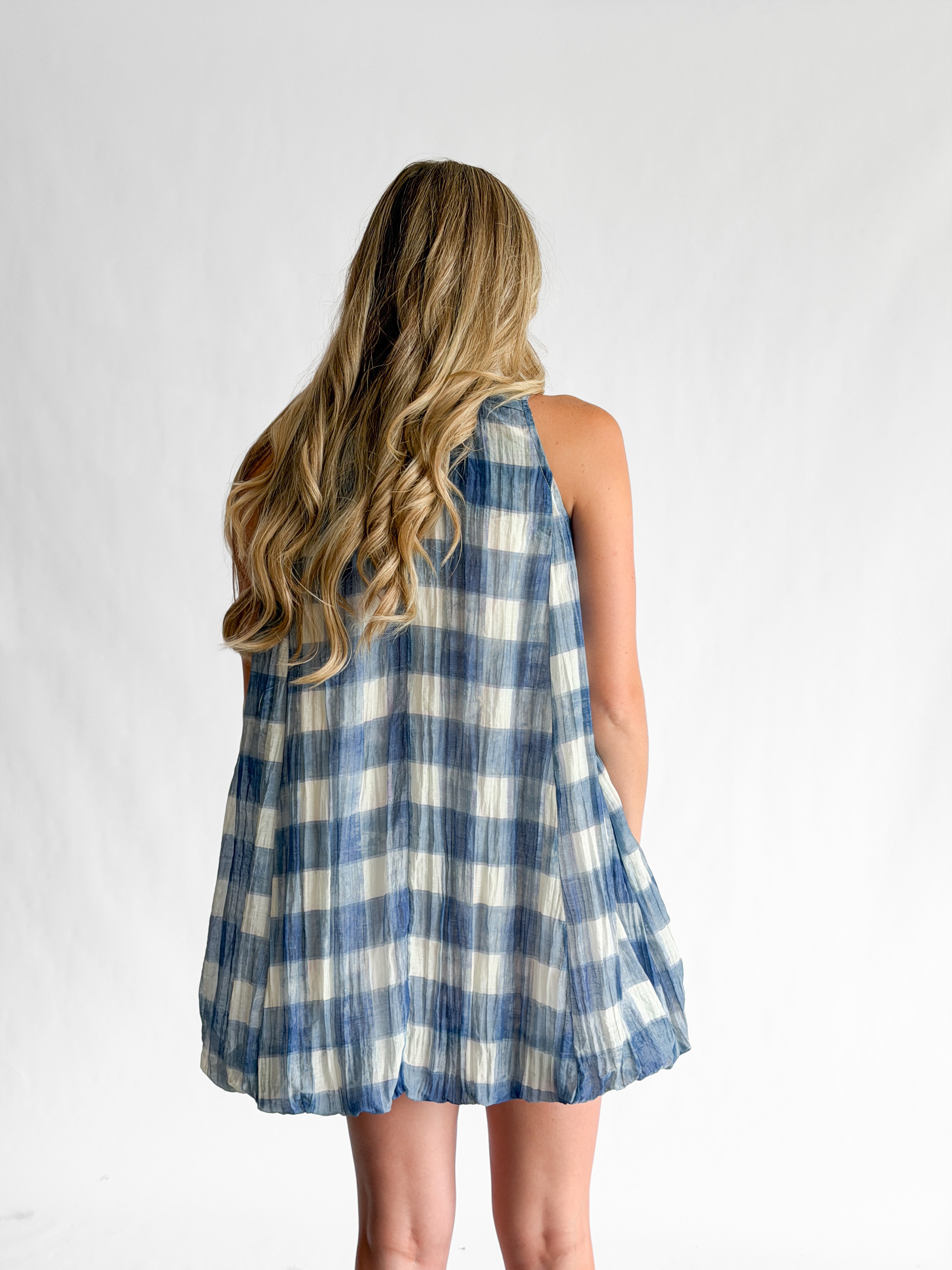 Sofie the Label Annie Blue Gingham Sleeveless Bubble Mini Dress
