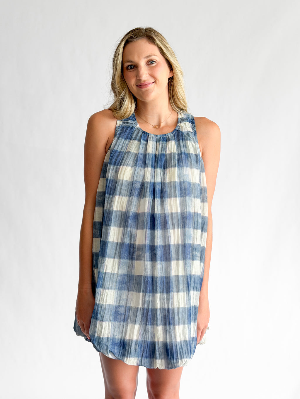 Sofie the Label Annie Blue Gingham Sleeveless Bubble Mini Dress