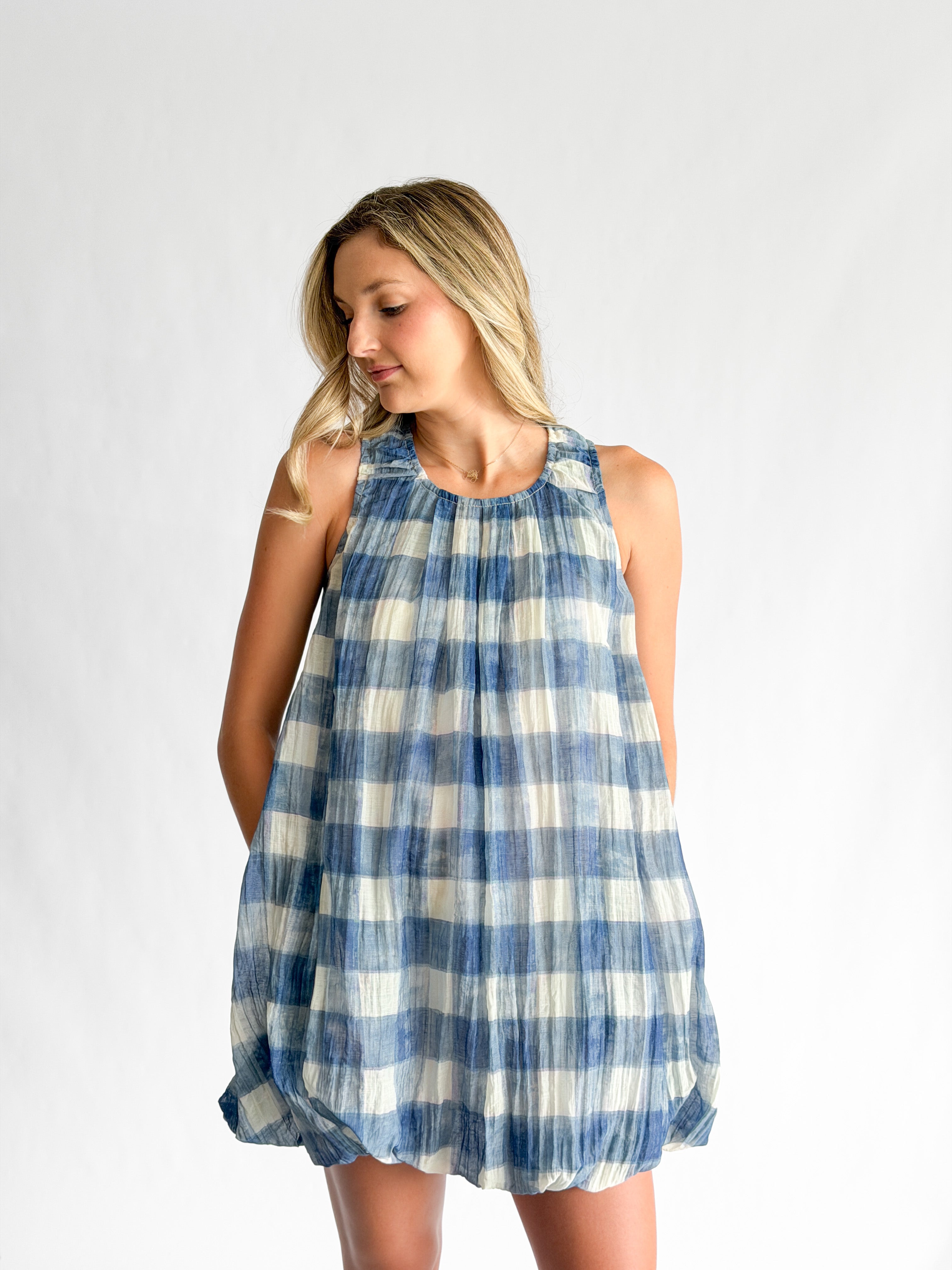 Sofie the Label Annie Blue Gingham Sleeveless Bubble Mini Dress