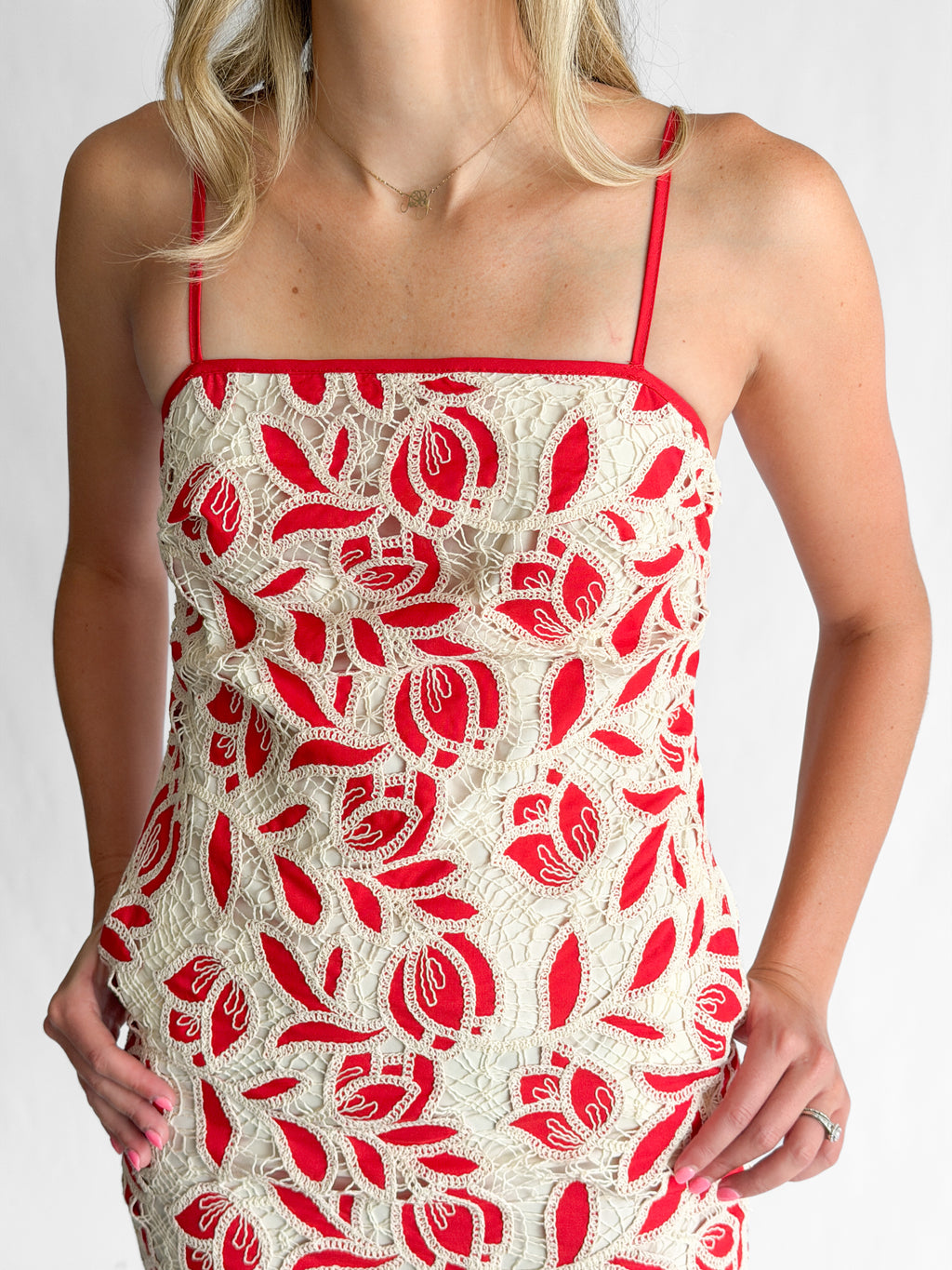 Aubrey Crochet Floral Lace Sleeveless Mini Dress (Red)