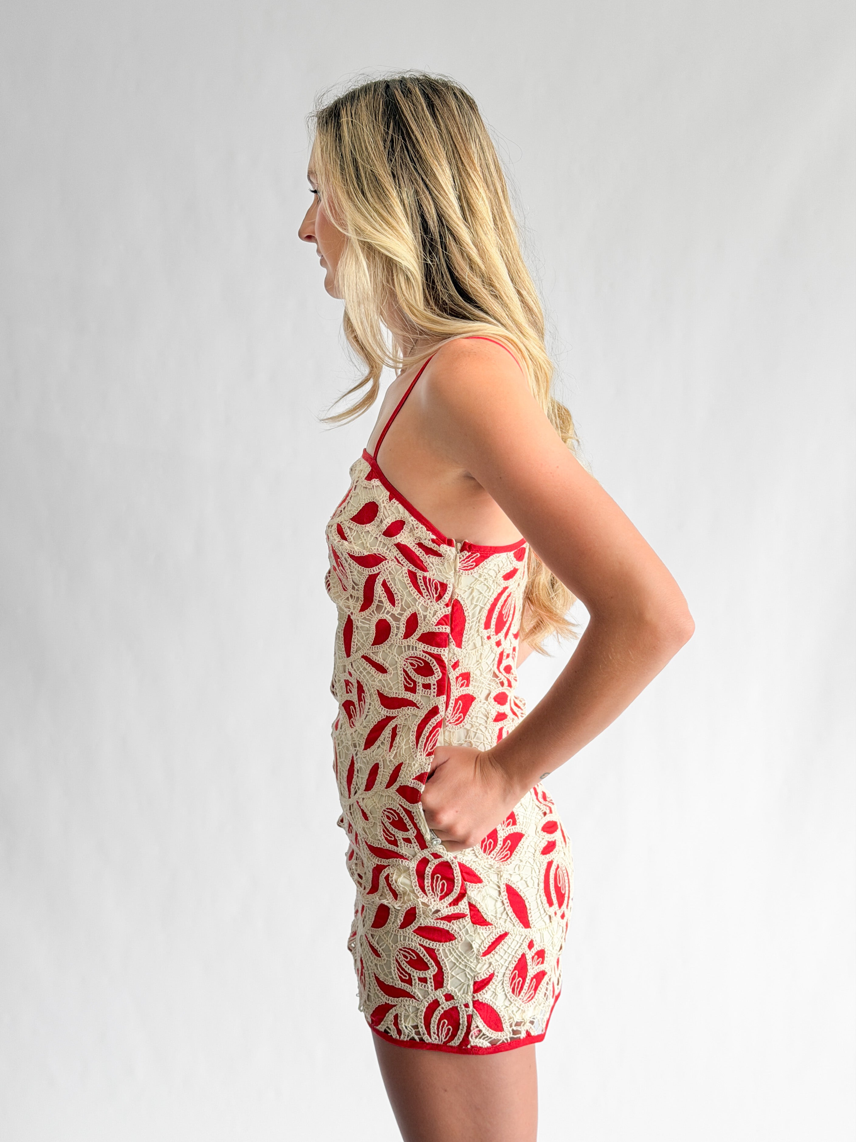 Aubrey Crochet Floral Lace Sleeveless Mini Dress (Red)