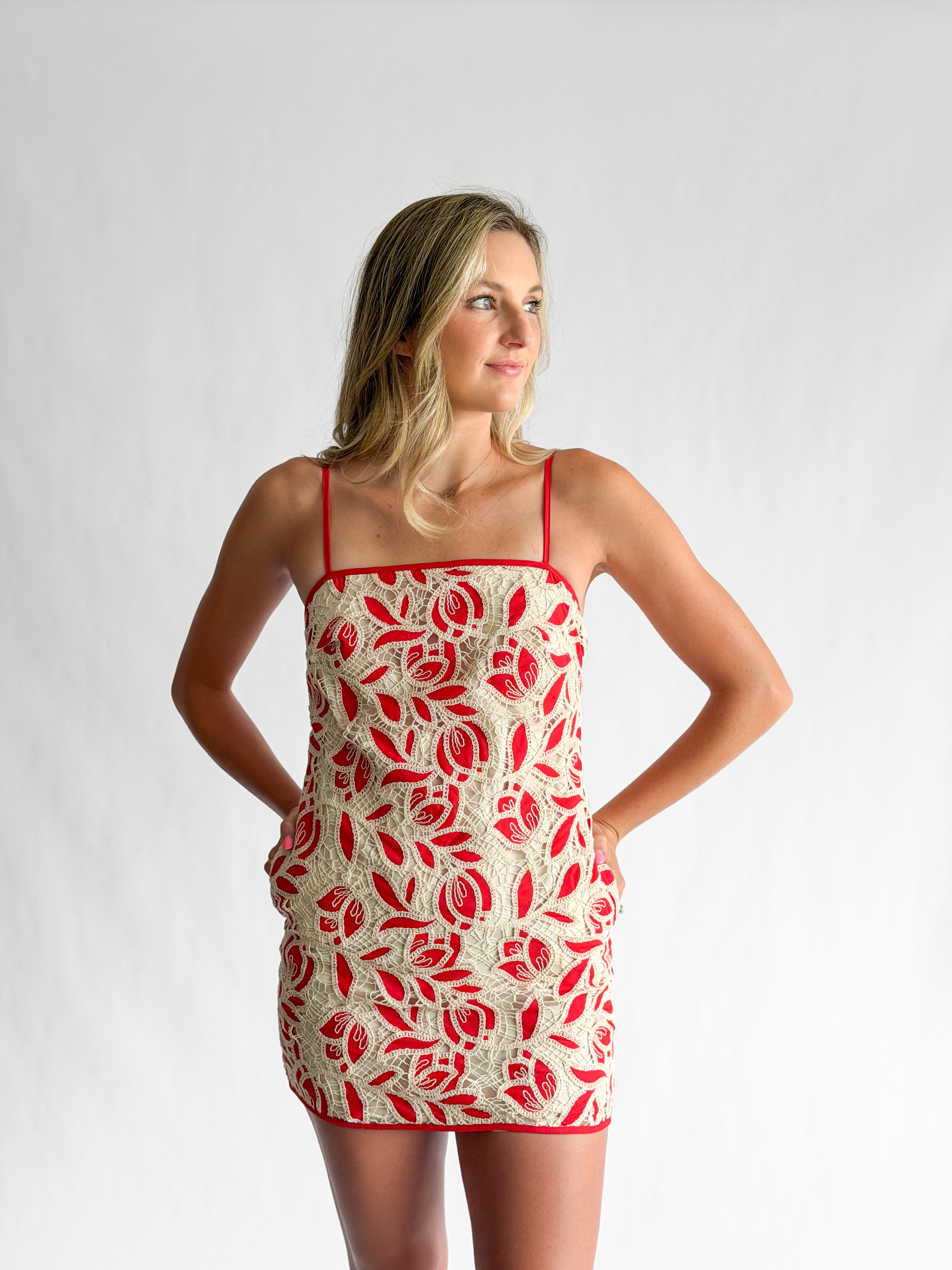 Aubrey Crochet Floral Lace Sleeveless Mini Dress (Red)