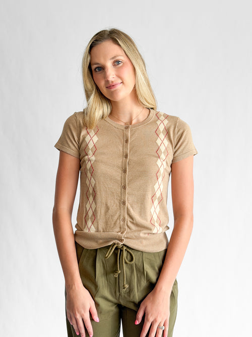 Alex Beige Plaid Pattern Buttoned Cardigan Top