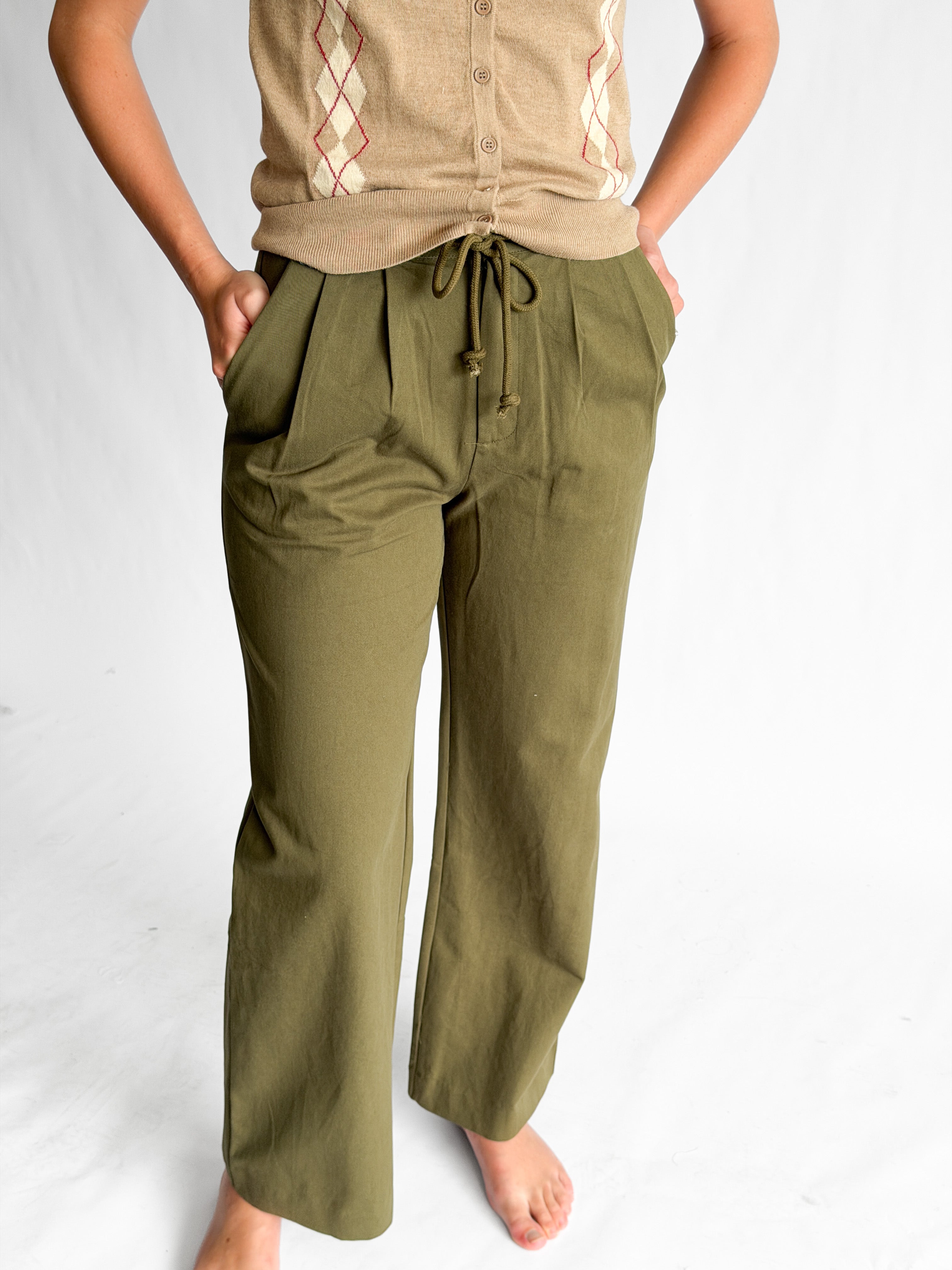 Things Between Aiden Olive Green Pleated Relaxed Pants