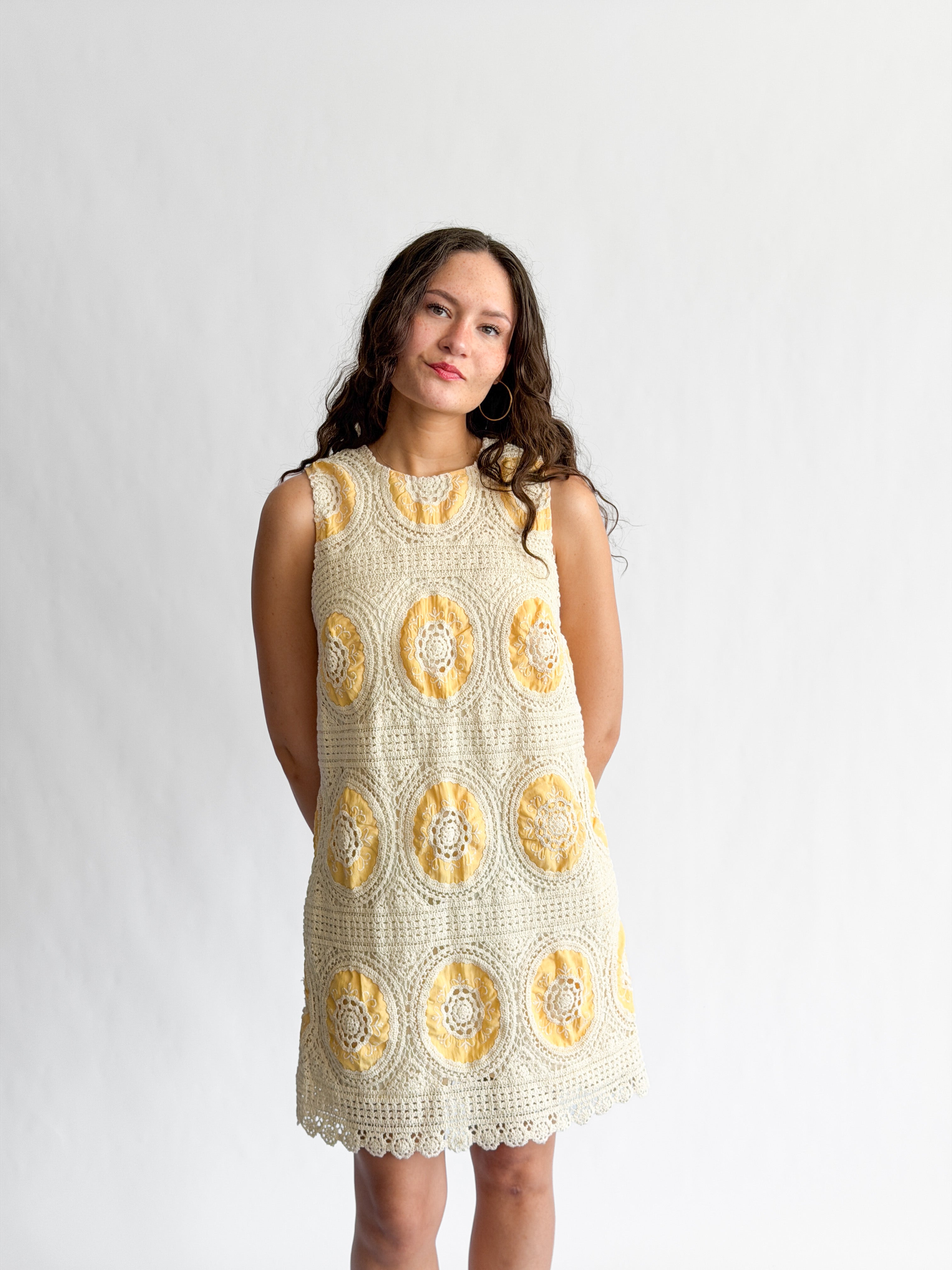 Brielle Yellow Crochet Patterned Tank Mini Dress