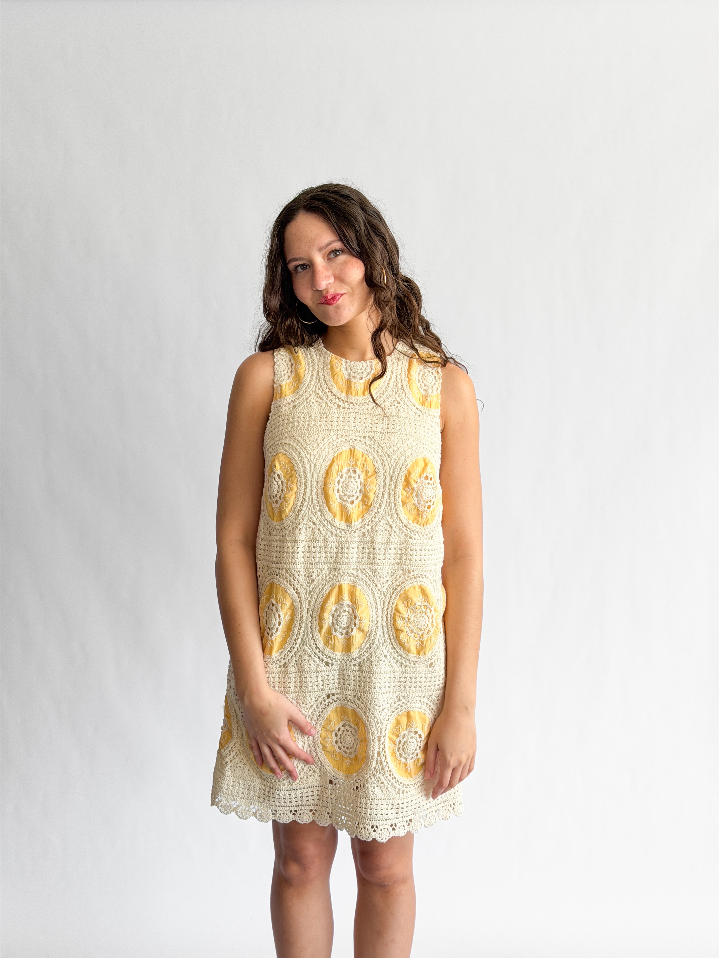 Brielle Yellow Crochet Patterned Tank Mini Dress