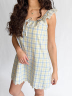 Bennie Blue and Yellow Plaid Embroidered Lace Ruffle Mini Dress