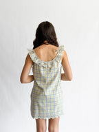 Bennie Blue and Yellow Plaid Embroidered Lace Ruffle Mini Dress