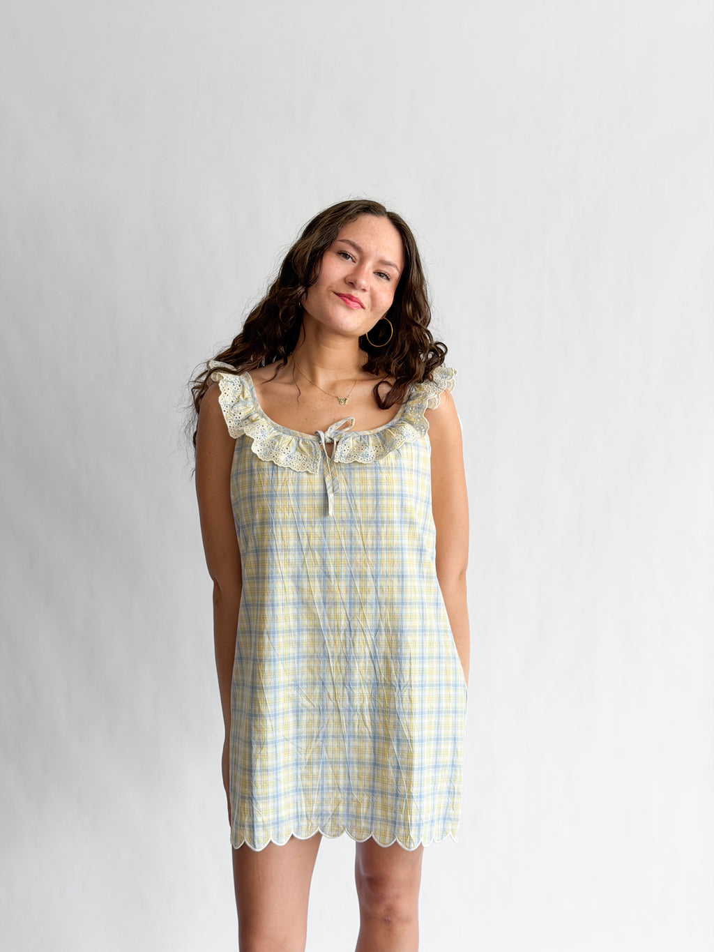 Bennie Blue and Yellow Plaid Embroidered Lace Ruffle Mini Dress