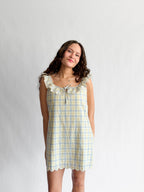 Bennie Blue and Yellow Plaid Embroidered Lace Ruffle Mini Dress