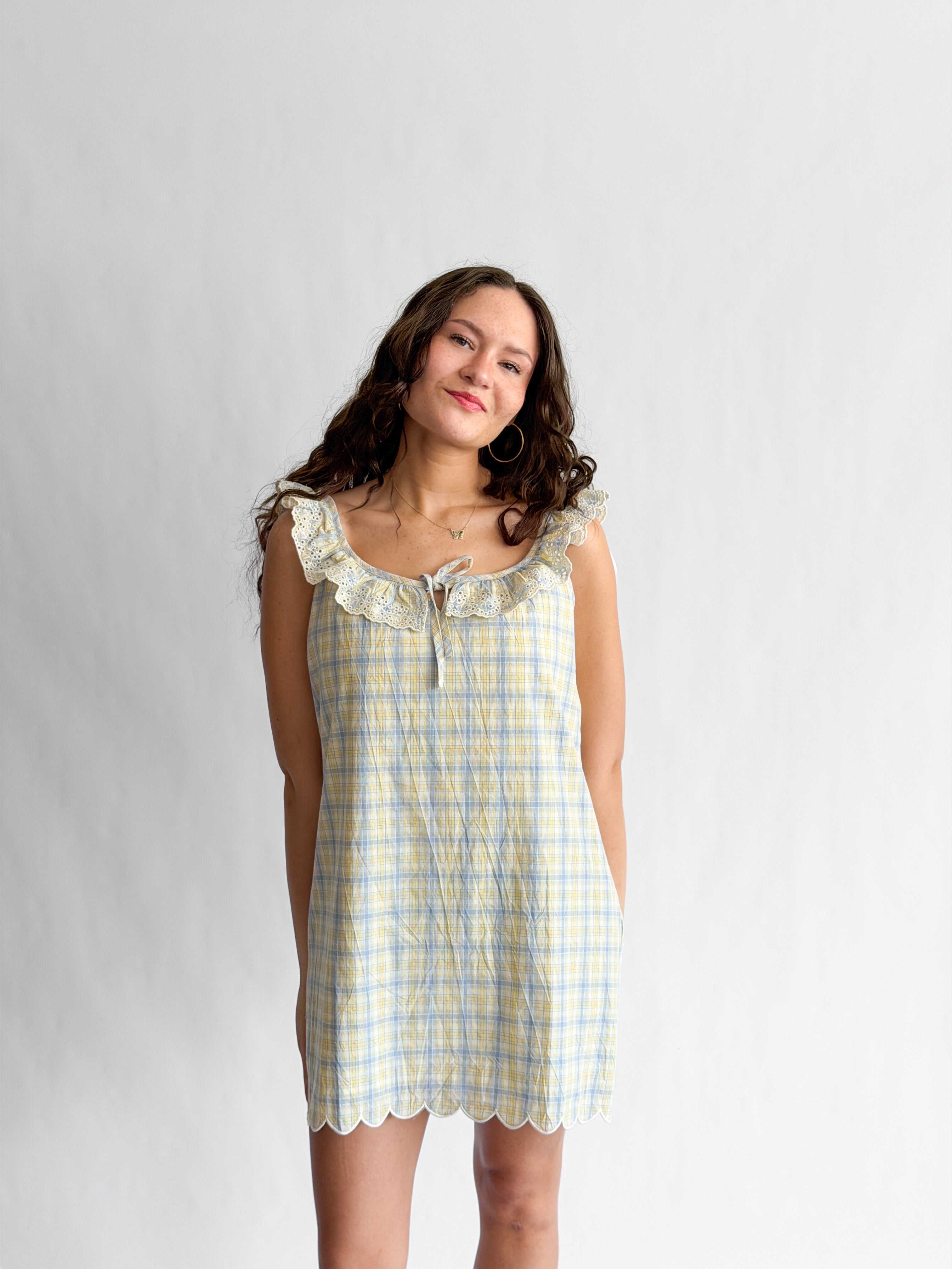 Bennie Blue and Yellow Plaid Embroidered Lace Ruffle Mini Dress