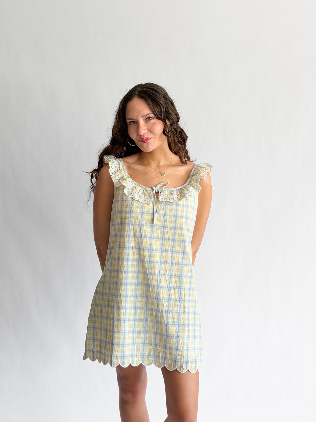 Bennie Blue and Yellow Plaid Embroidered Lace Ruffle Mini Dress