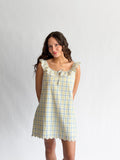 Bennie Blue and Yellow Plaid Embroidered Lace Ruffle Mini Dress